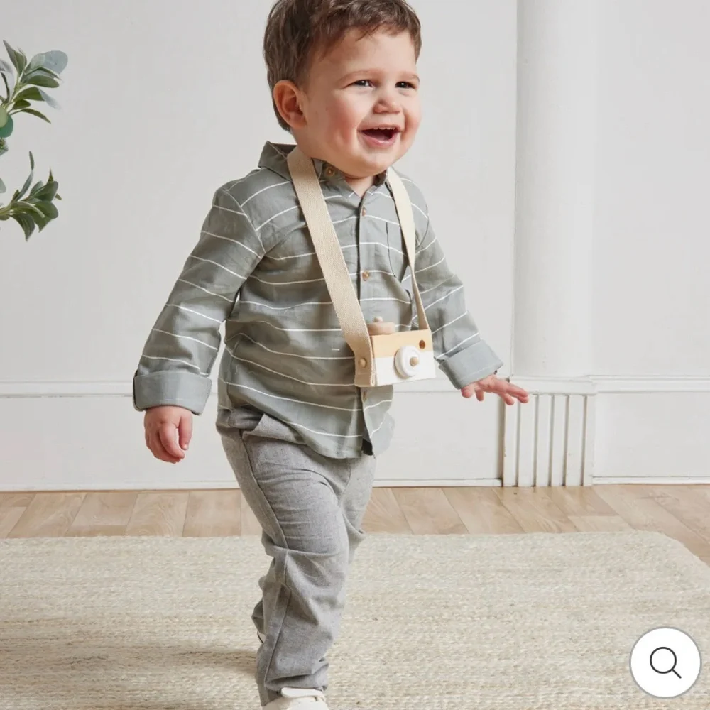 NWT MINICLASIX 2 Piece Woven Striped Shirt and Pant Set Sage Grey Size 12M